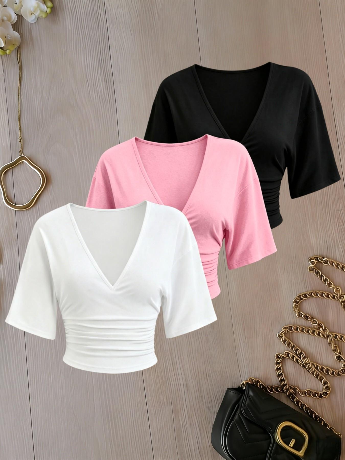 3 Pack Solid Color Ruched Crop Top for Women, Deep V Neck, Three-Quarter Sleeves, Slim Fit, Casual Chic Basic Minimalist T-Shirt