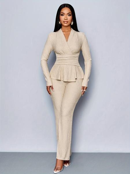 Women's Apricot Color Elegant V Neck Long Sleeve T-Shirt And Wide Leg Pants Two Piece Set, Asymmetrical Hem Two-Piece Outfits, Casual Daily Wear