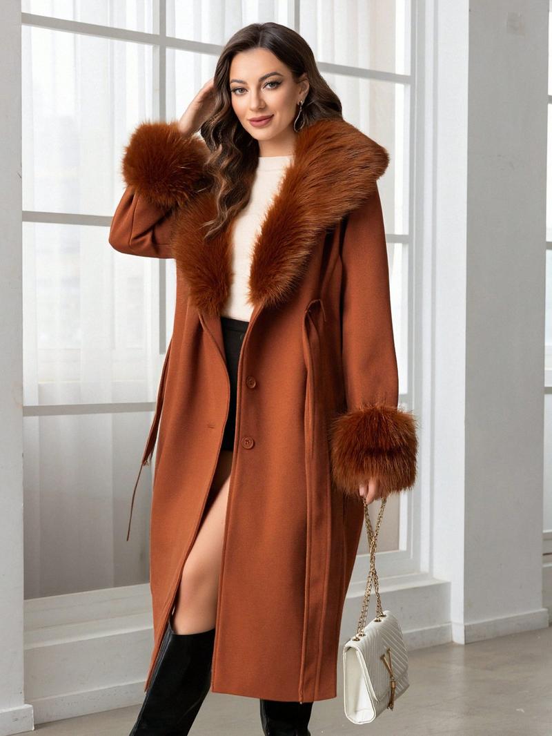 Women's Fall Winter Mid-Length Solid Color Coat, Warm Fitted Coat with Fur Collar, Waist Belt & Pockets, Casual Style