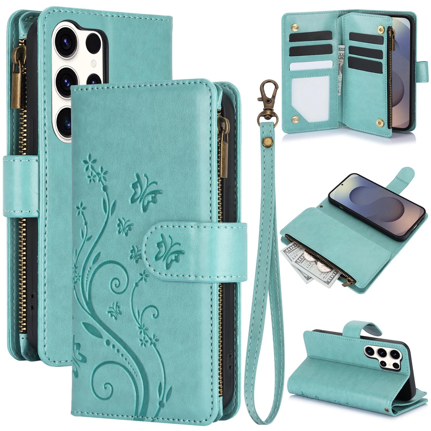 Zipper Cards Solt Wallet Leather Emboss Butterfly Tree Bag Case For Samsung Galaxy S26 S25 Ultra S25 Plus S24 S23 A26 A36 A56 Cover