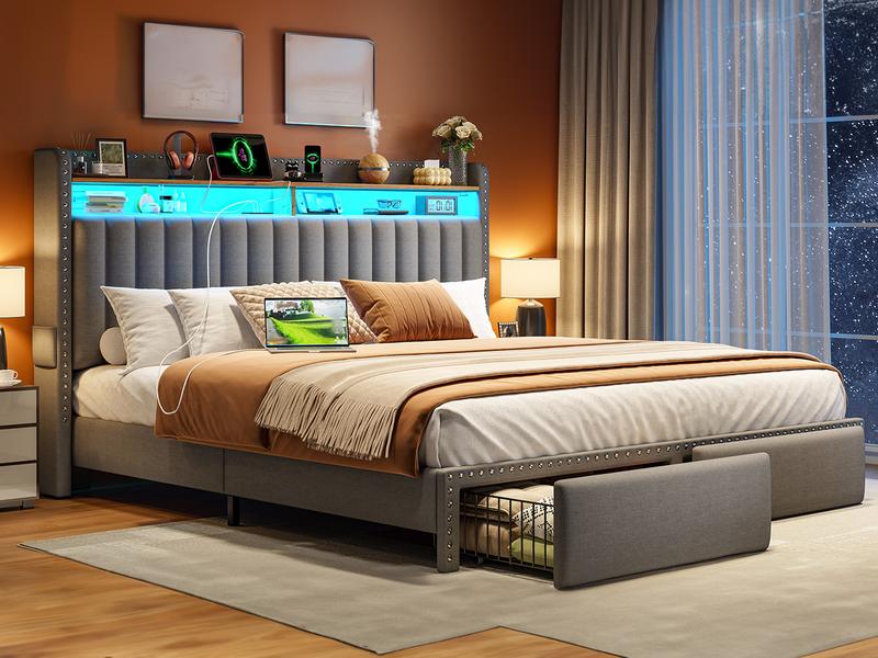 Luxury King/Queen/Full Bed Frame with Storage Shelf & 2 Drawers,NO MATTRESS, Upholstered Bed Frame with LED &Power Outlet, Holds 1000lbs, No Noise, Metal Frame & Wood Slats