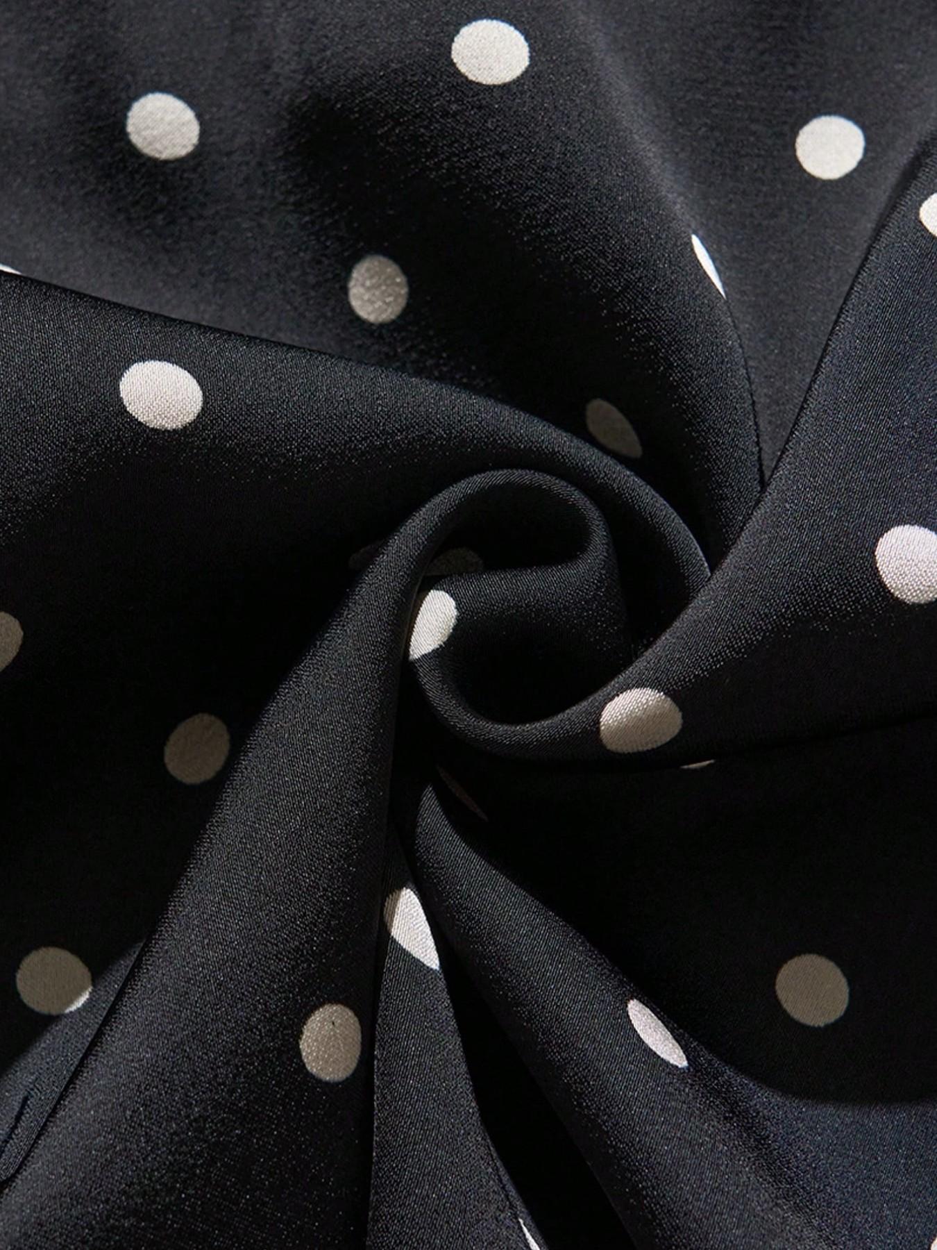 Polka Dot Satin Lace High Waist A-Line Mini Skirt, Elegant Vintage Smooth Casual Flowy Short Dress for Women