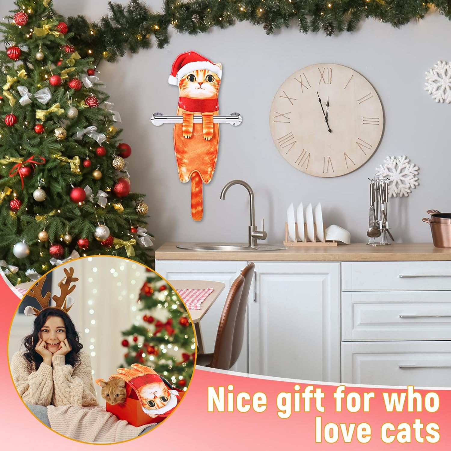 1/2 Pcs Christmas Cat Hand Towels, Funny Festive Hanging Towels with Cute Cat Patterns, Absorbent Kitchen  Bathroom Towels for Xmas, Gift for Cat Lovers, Family  Friends