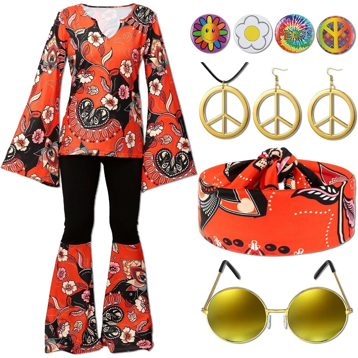 11 Pcs 60s 70s Hippie Costume Set Disco Outfit for Women(Gift)
