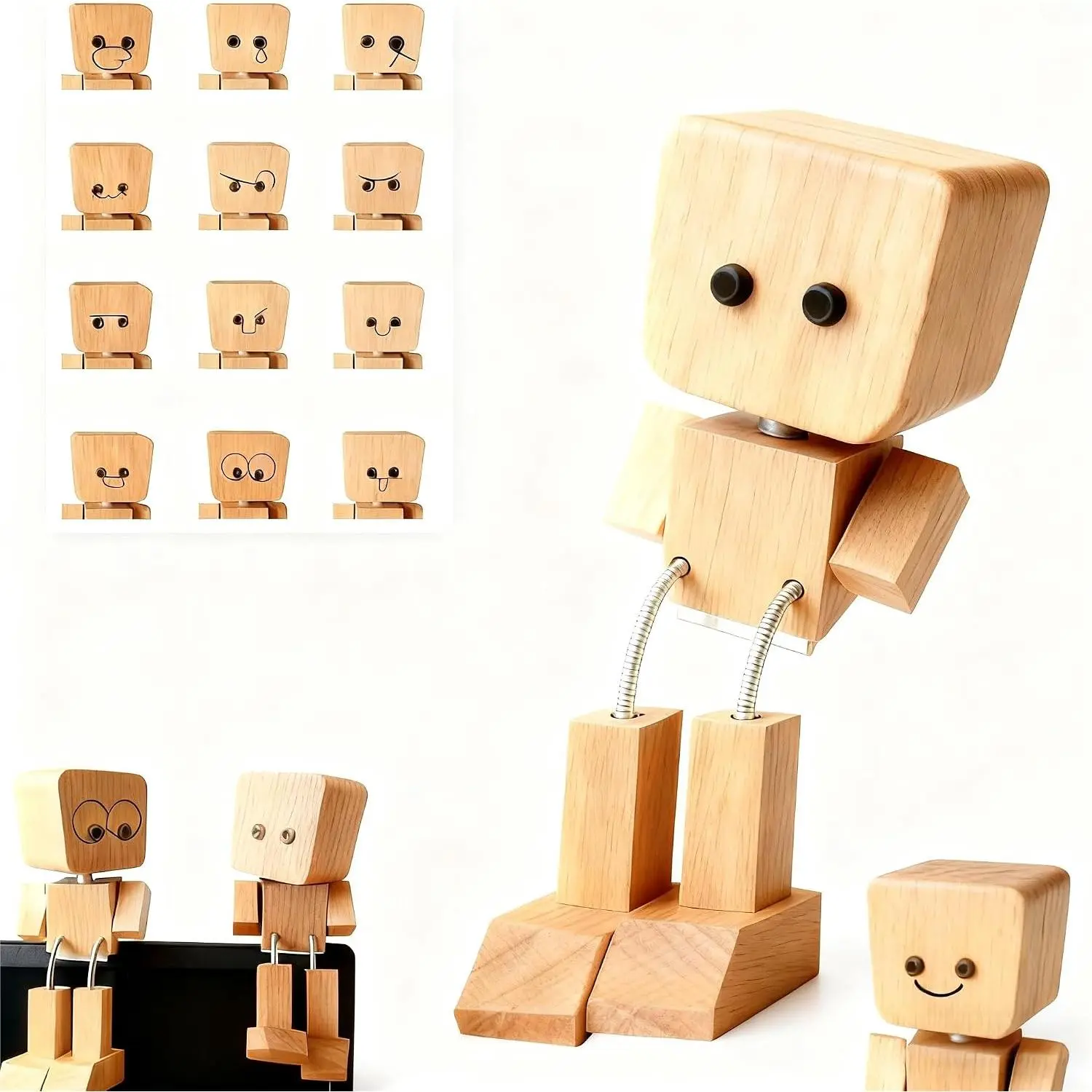 Shaking Wooden Man Figurine,Wooden Figure with Spring ,  Ornaments, Funny  Desktop Decor with 12 count Expressions,Shaking    Dashboard Decorations(Beech )