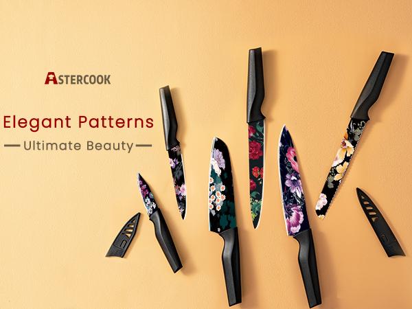 Astercook 6-Piece Floral Knife Set, Scratch-Resistant Food-Grade Print, German High Carbon Stainless Steel, 6 Knife Covers, Dishwasher Safe. Kitchen