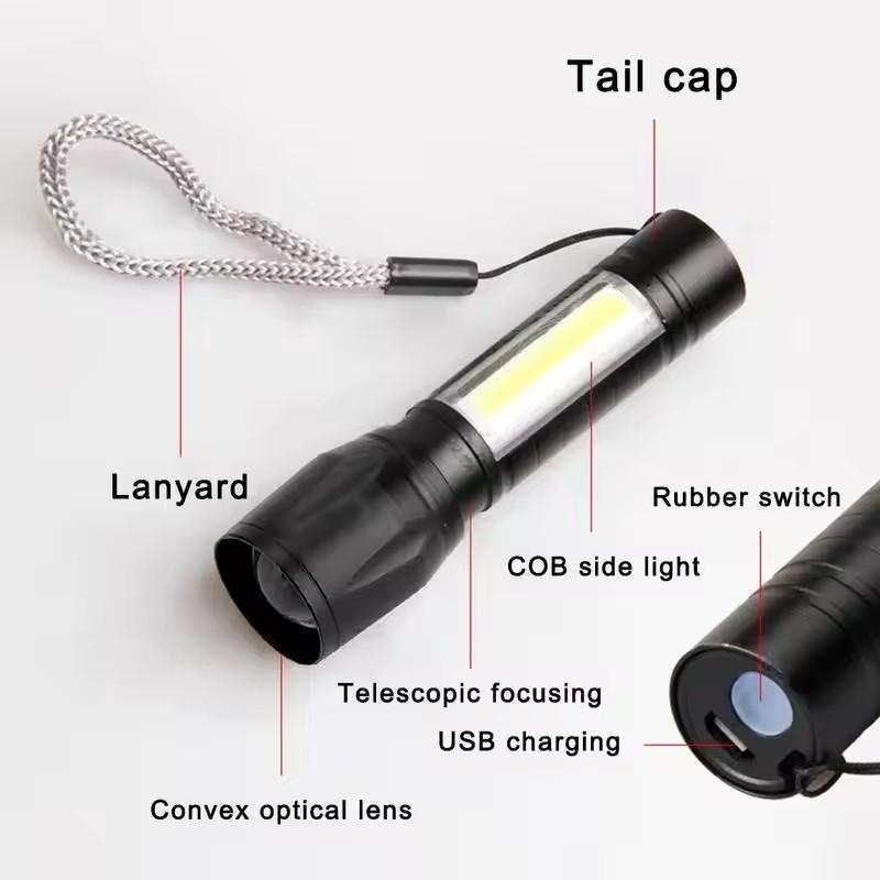 Mini LED Rechargeable Flashlight, COB+XPE Zoomable Torch, 3 Mode, Built in Battery Flashlight, Outdoor Camping Emergency Lantern