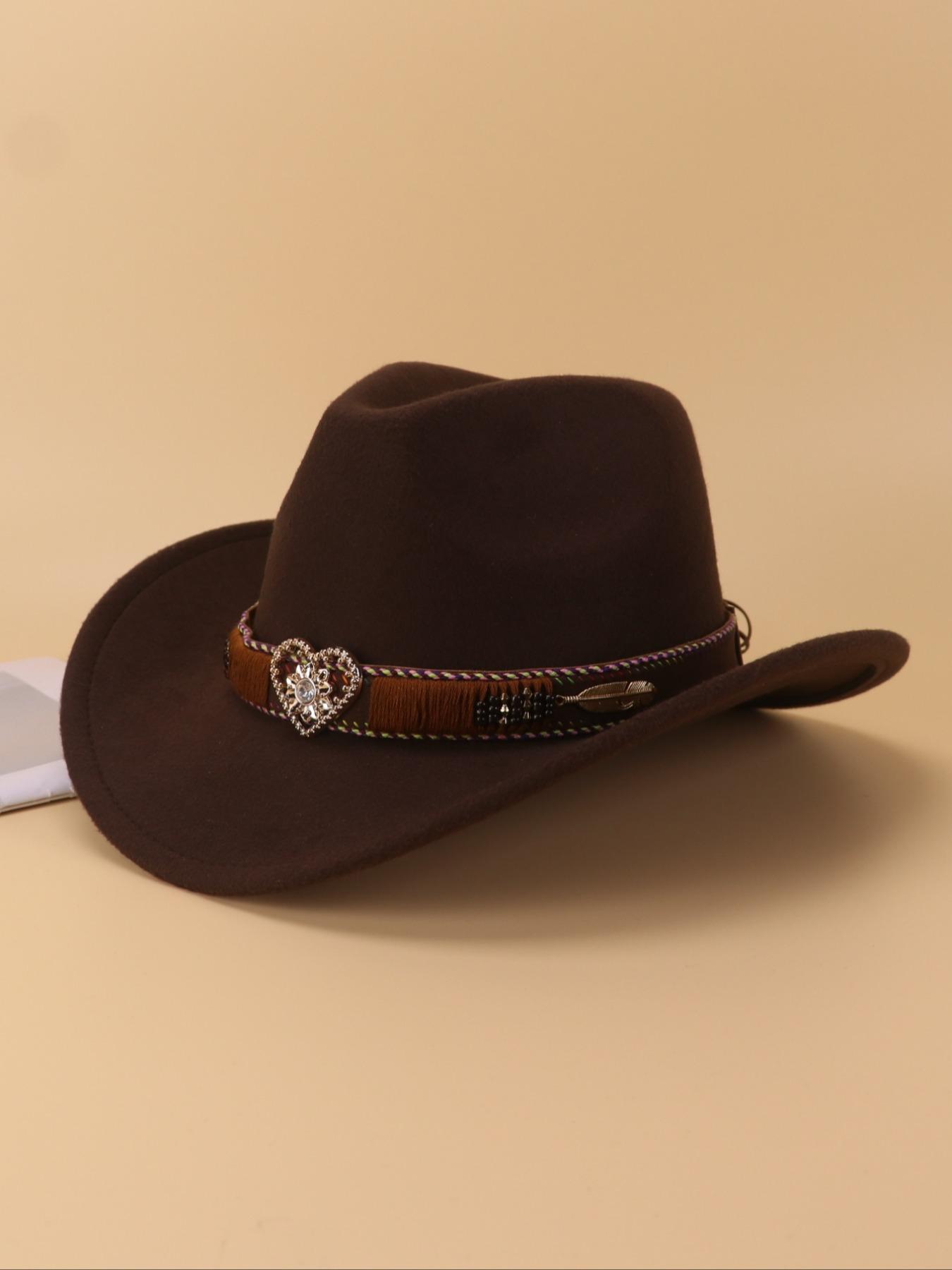 1PCS Unisex Rhinestone Heart Decorative Western Cowboy Hat, Vintage Polyester Style, Perfect for Western Theme Parties, Casual Wear, Daily Use