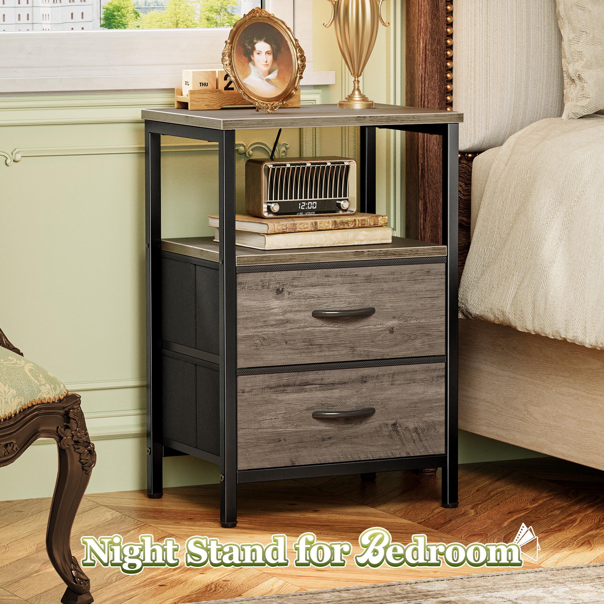 Huuger Night Stand with 2 Drawers, Bed Side Table with Open Shelf, Wooden Top, End Table for Small Space, Bedroom, Fabric Drawer Huuger Night Stand with 2 Drawers, Bed Side Table with Open Shelf, Wooden Top, End Table for Small Space, Bedroom, Fabric Drawer