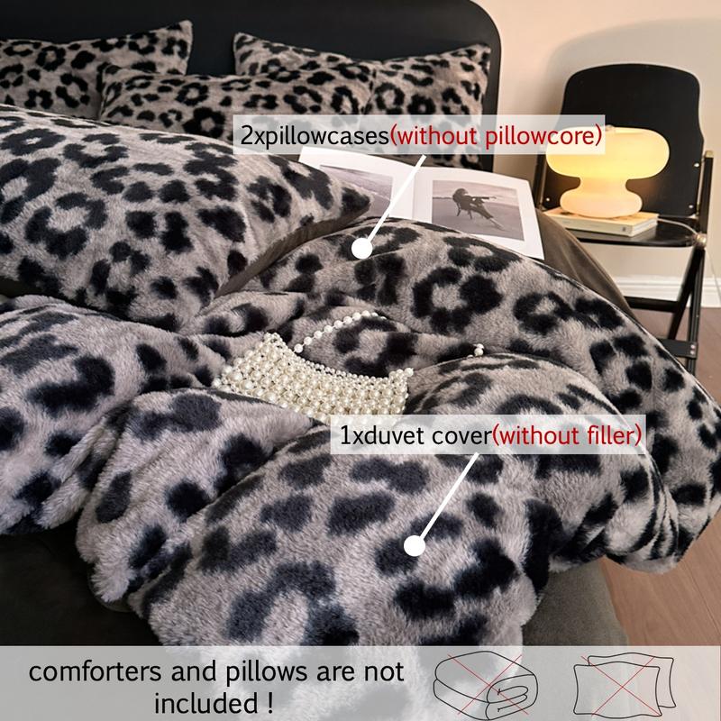 Luxury Faux Rabbit Fur Leopard & Butterfly 3 Piece Bedding Set, Ultra Soft Warm All-Season Duvet Cover with Zipper Closure + 2 Pillowcases, Elegant Solid Color Design, Cozy Bedroom/Living Room/Dorm Bedding Décor, Perfect Gift, Soft Bedding Sets