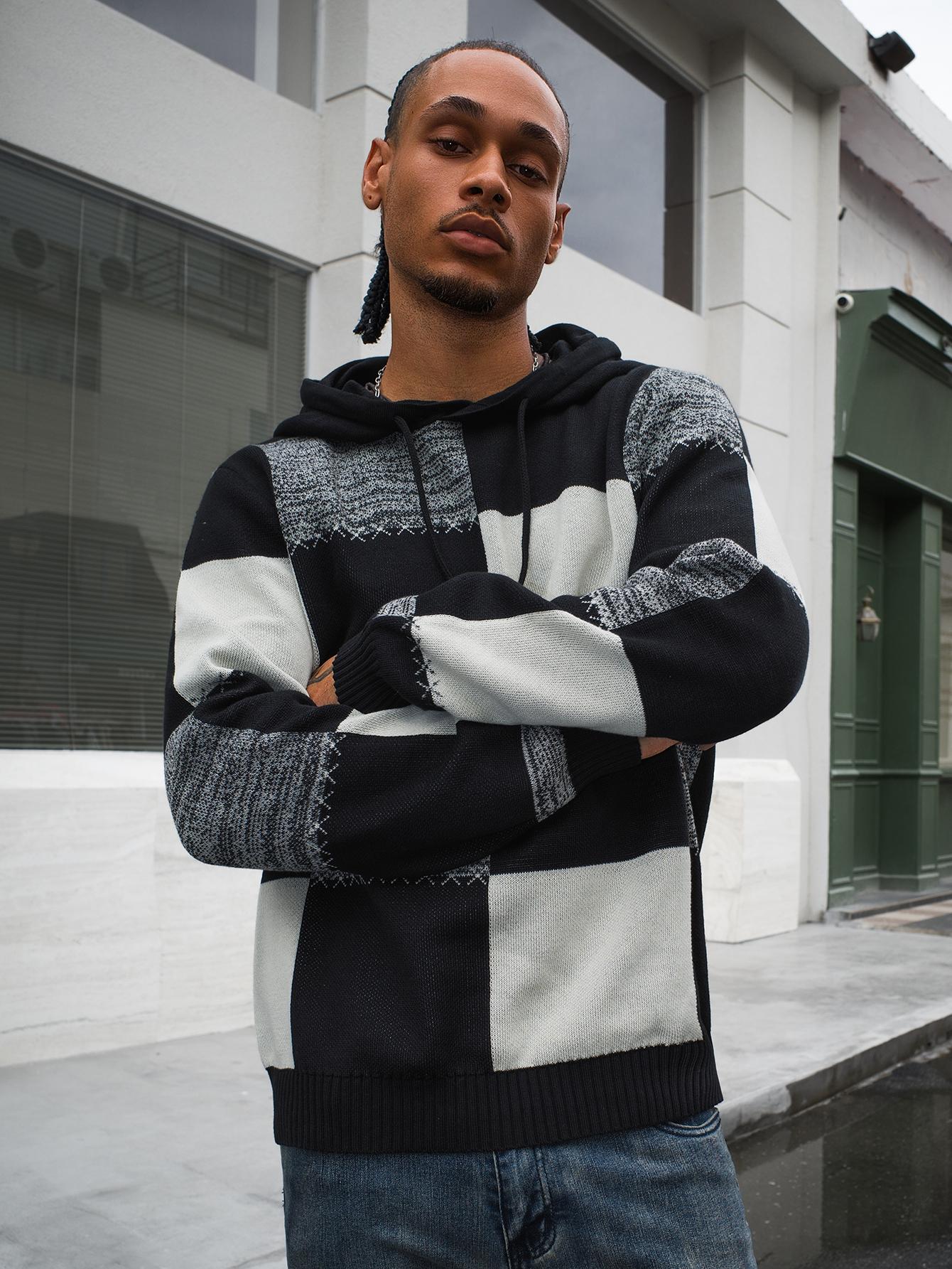 Men's Casual Hooded Color-Block Sweater - Black & Plaid Pattern, Long Sleeve Pullover with Ribbed Cuffs & Adjustable Drawstring Hood for Spring/Fall, Durable Knitwear, Comfortable Fit