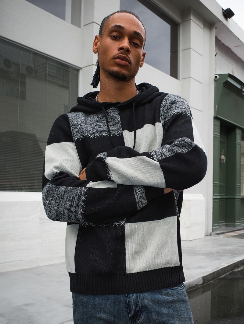 Men's Casual Hooded Color-Block Sweater - Black & Plaid Pattern, Long Sleeve Pullover with Ribbed Cuffs & Adjustable Drawstring Hood for Spring/Fall, Durable Knitwear, Comfortable Fit