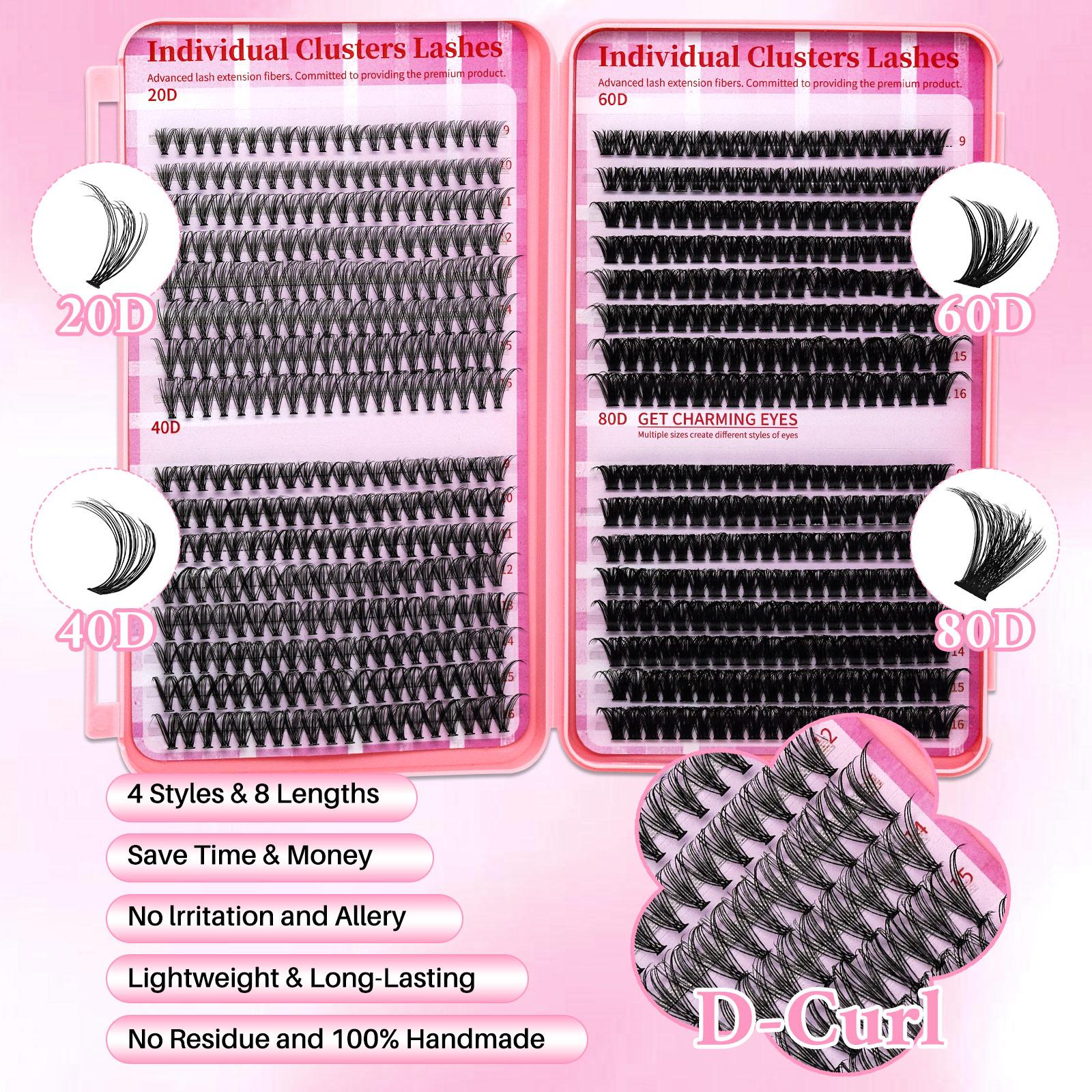 Lashsun Lash Clusters Kit D Curl 8 Styles, Natural Colorful Lashes, Bond Seal Brush, Headband Wristband, Beginner Proficient DIY