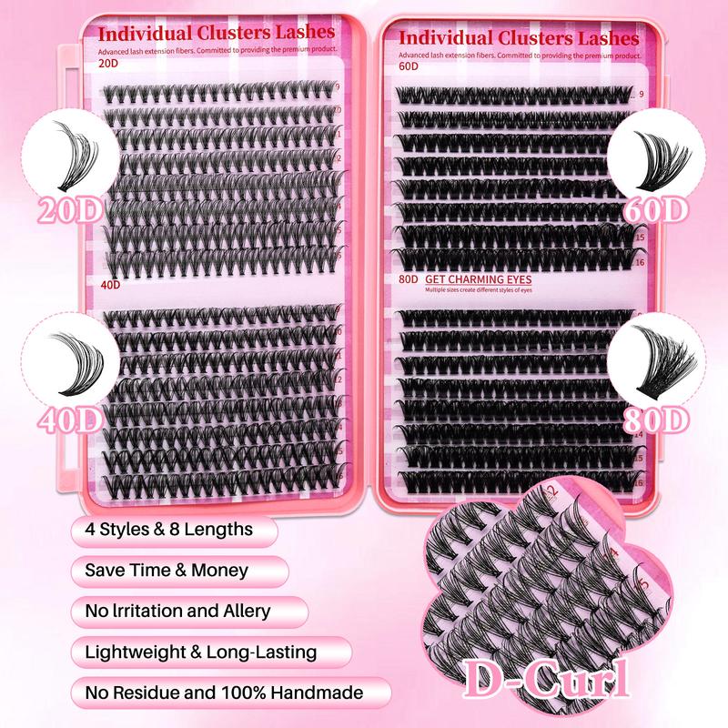 1920 PCS or 640 PCS D-Curl Lash Clusters Kit, DIY Eyelashes Kit, 8 Natural and Colorful Styles Lash Book with Bond and Seal, Brush Applicator, Headband and Wristband, Easy DIY Extensions for Daily Makeup