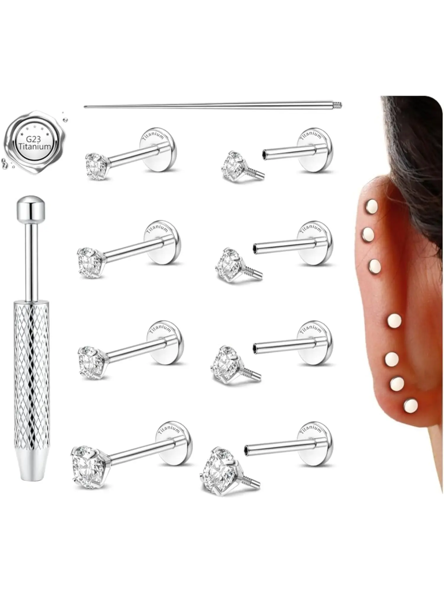4 Pairs Titanium Flat Back Earring Hypoallergenic Nose Stud Flatback Internally Threaded Tragus Helix Conch Cartilage Lip Piercing Jewelry for Women Men With Ball Grabber Tool Insertion Pin