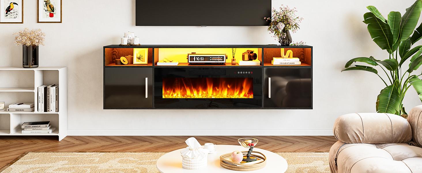 PUKAMI Floating Fireplace TV Stand 70'' Wall Mounted Shelf, LED Light Entertainment Center and Storage, Modern Wood Media TV Console with Highlight Cabinet for Living Room