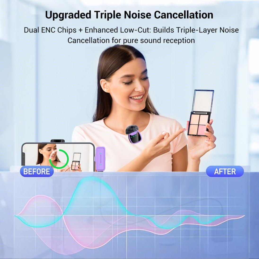 Wireless Lavalier Noise Canceling Mic with Charging Case, Noise-Cancelling, Rechargeable Battery, Magnetic Clip, Ideal for Video Recording & Podcasting