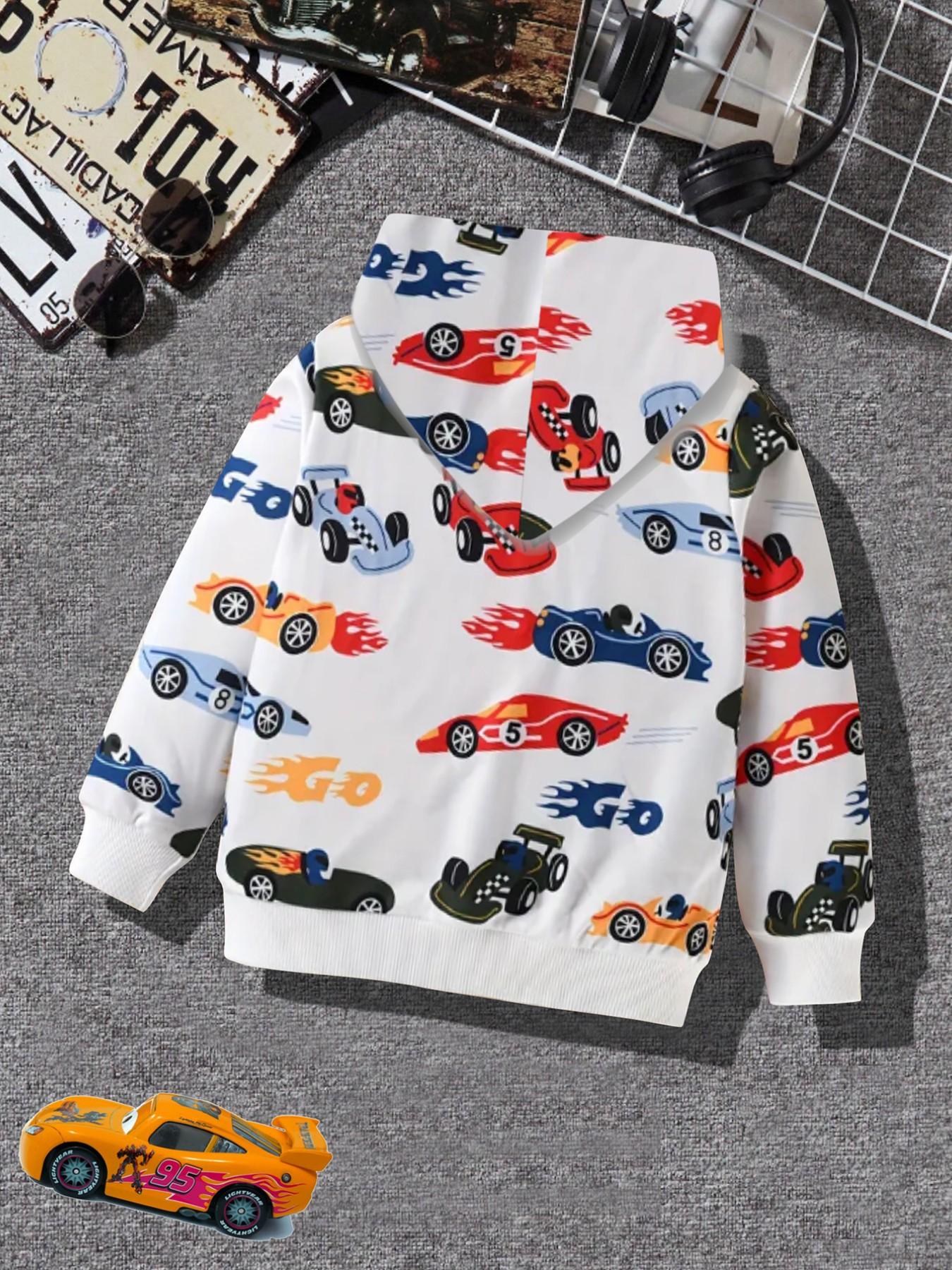 Boys' Round Neck Sporty Sweatshirt T-Shirt, Casual Spring Fall Design, Car Pattern Print, Perfect for Daily Wear, Kids Fashion Apparel