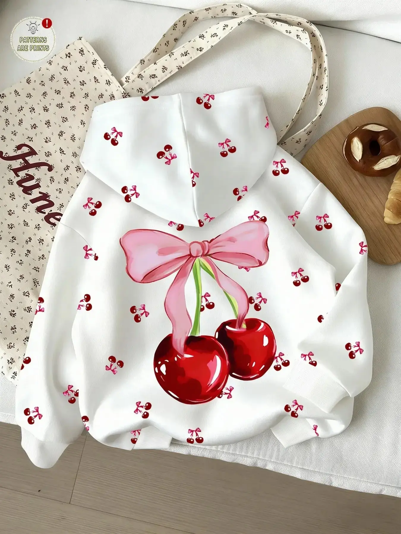 American Sweet Cool Back Large Pattern Hoodie, Full Print Small Cherry Bow Loose Fit Women's Top, Casual Sweatshirt for Daily Wear, Casual Pullover Hoodie