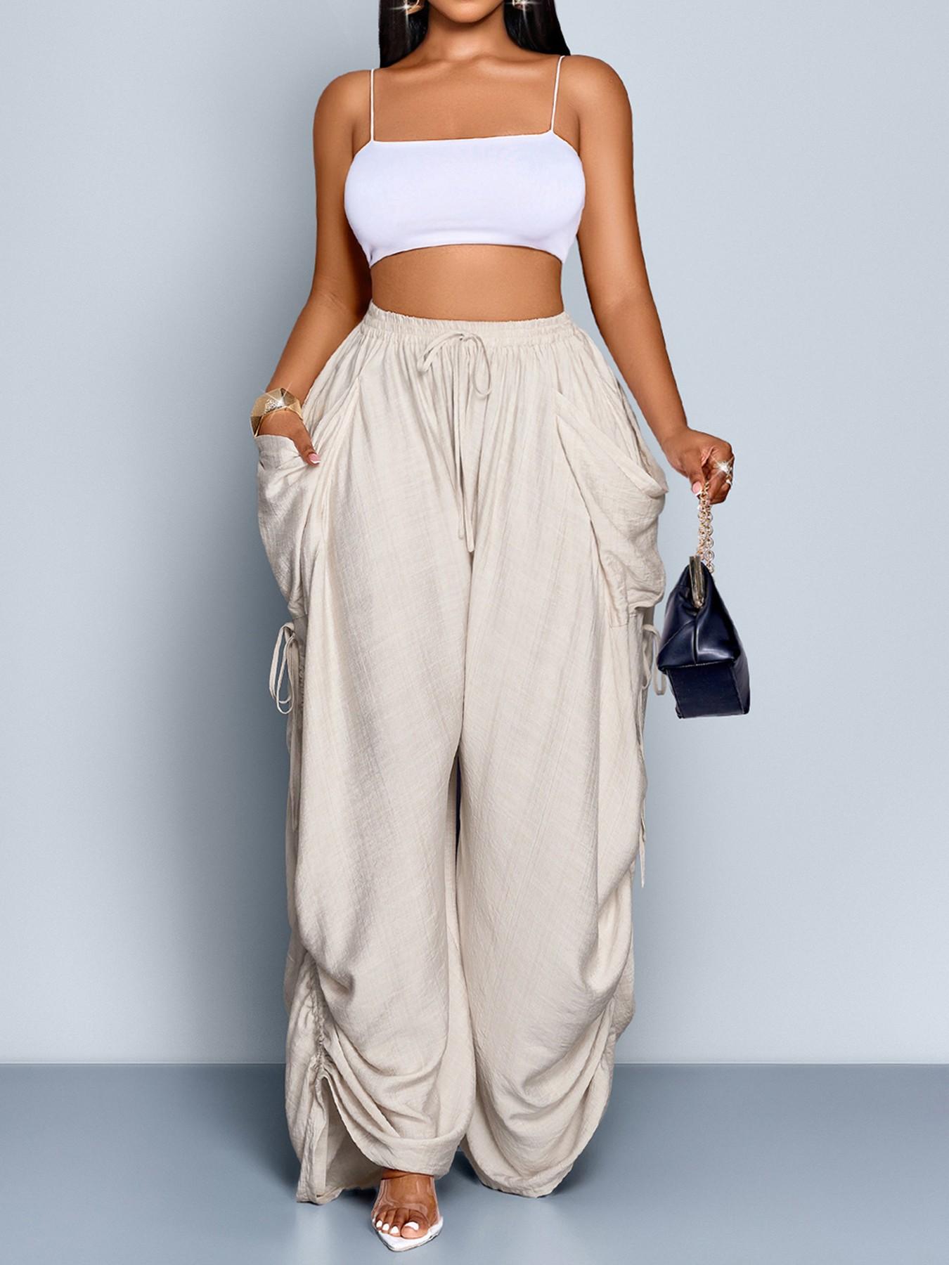 Aliling Women's Summer Casual Basic Solid Color High-Waisted Wide-Leg Bottom Pants, Adjustable Drawstring Side Regular Fit Pants for All Seasons