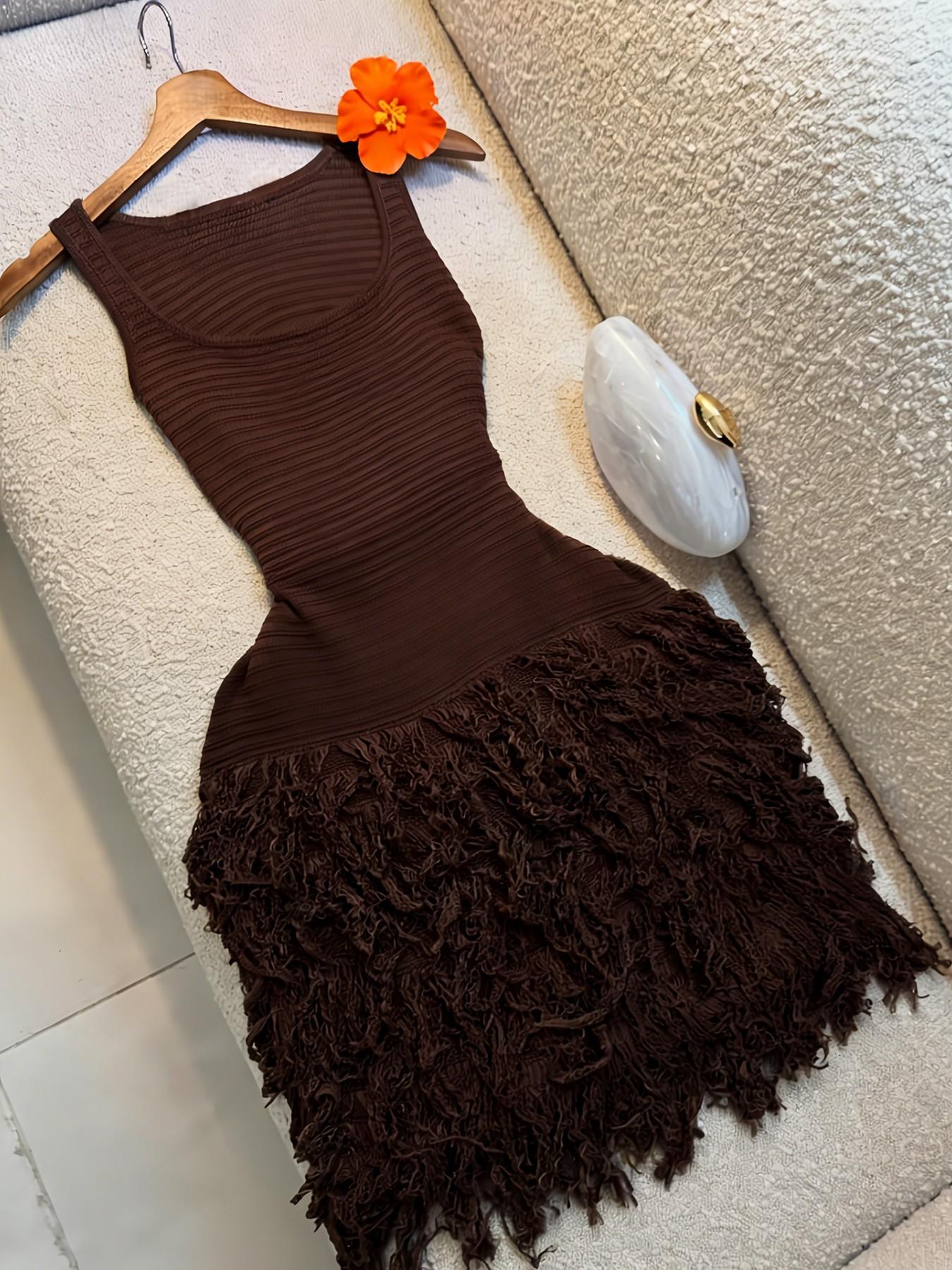 Elegant Knitted Bodycon Dress, Summer Vacation Fringe Skirt, Slim Fit Sleeveless Knit Vest Dress, Solid Round Neck Sweater Dress, Spring & Summer Women's Clothing