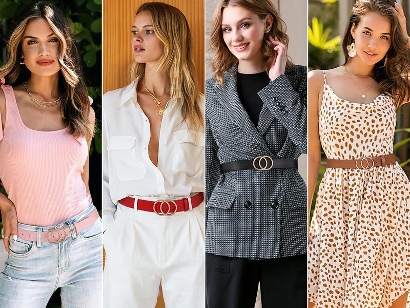 JASGOOD Women Leather Belt Fashion Soft  Faux Leather Waist Belts For Jeans Dress with Double O-Ring Buckle Halloween