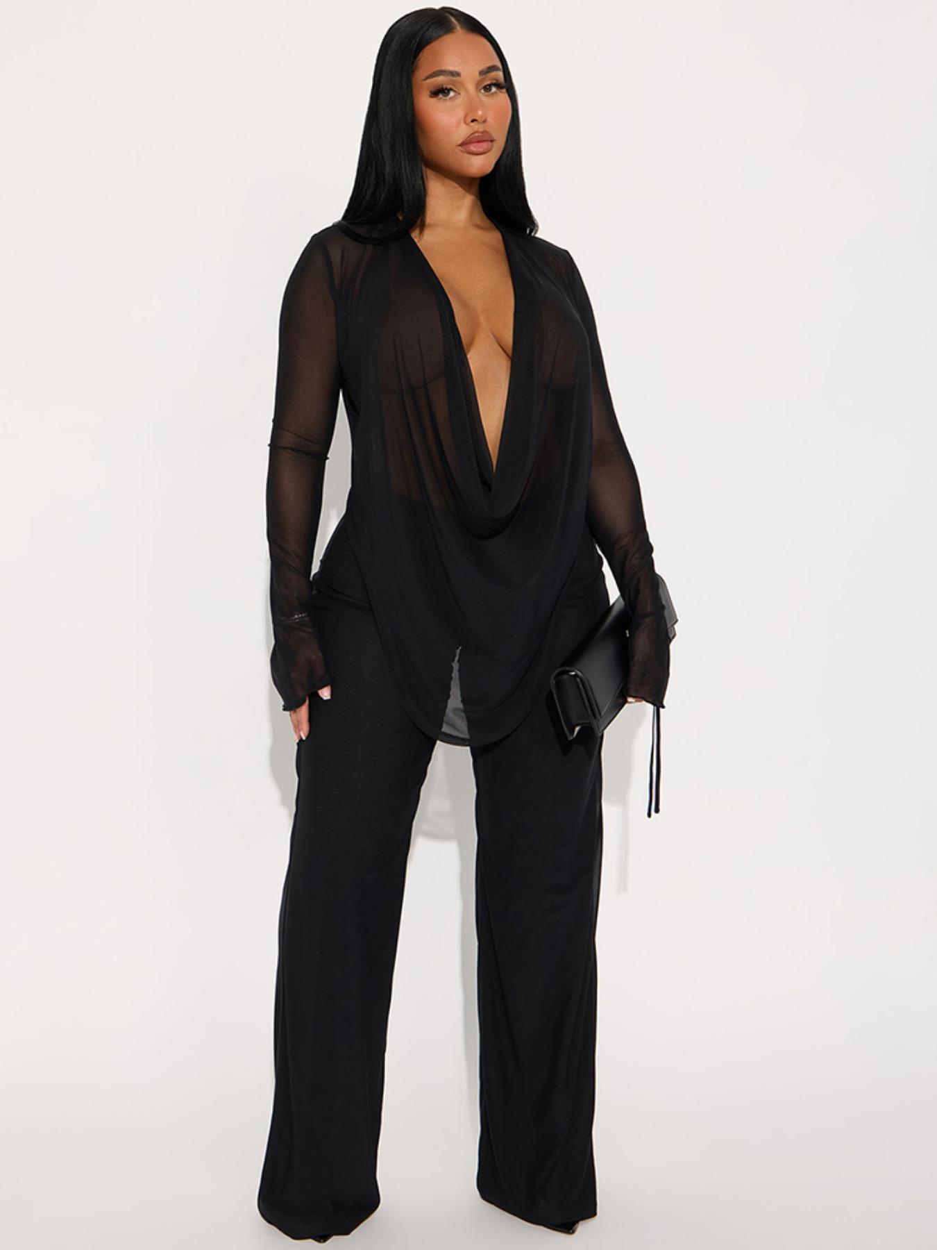 Women's Fashion Casual Two-Piece Set, Deep V Mesh Top & Wide Leg Pants, Trendy Long Sleeve Tie Design, Perfect for Daily Wear
