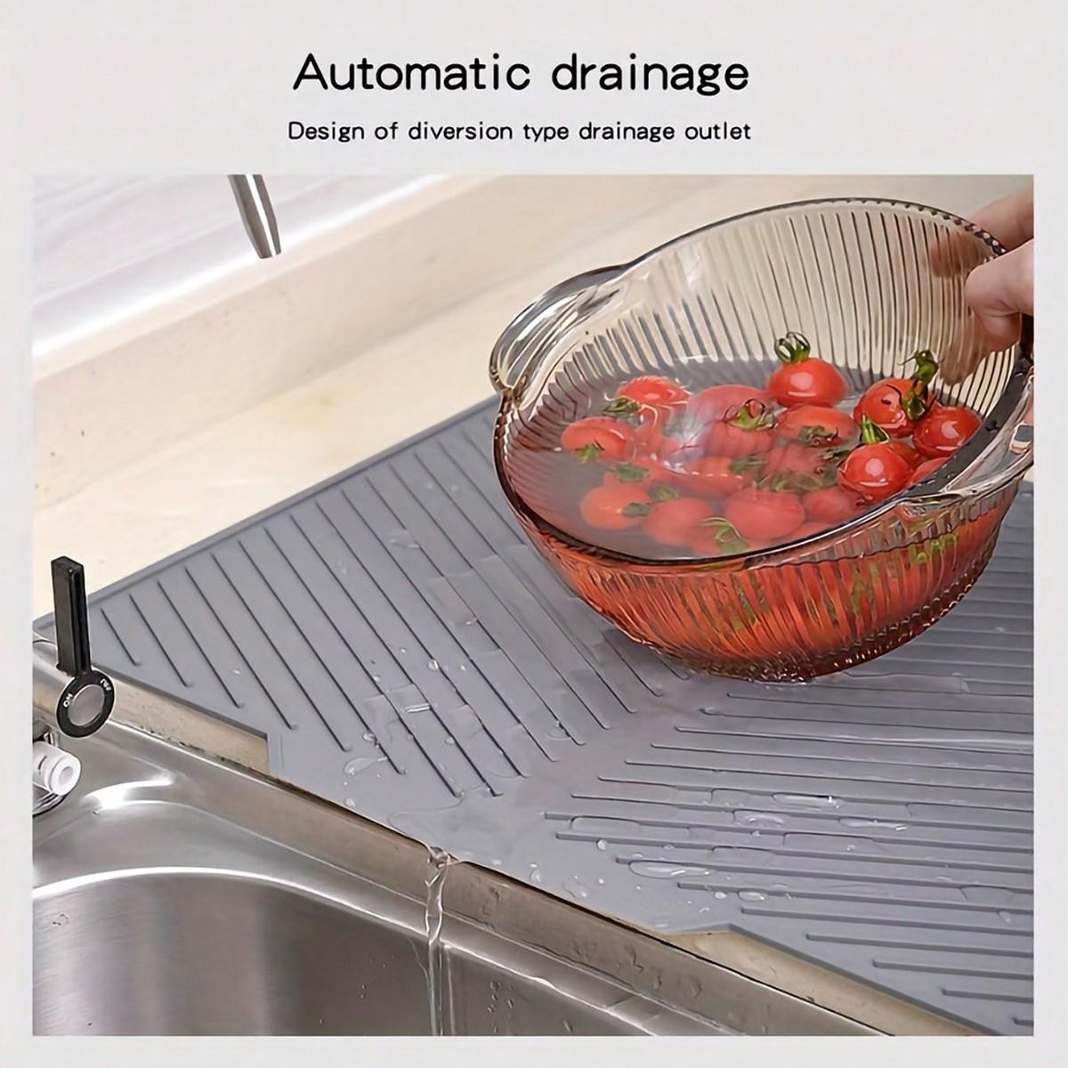 1pc Multifunctional Silicone Kitchen Drain Mat - Non-Slip, Quick-Dry, Heat-Resistant Dish Drying Mat with Water-Control Design, Grey - Ideal for Countertop, Bar & Sink Use