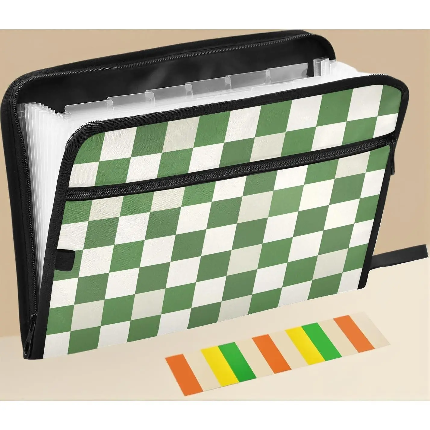 Green White Buffalo Plaid Expandable Accordion File Folder, 13 Pockets A4 Letter Size Document Organizer with Zipper & Label Pockets, Portable Office Paper Storage Folder