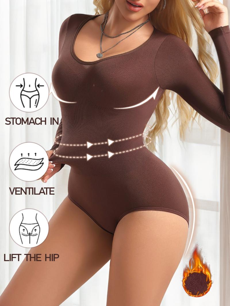 Women's Ribbed Abdomen Control Bodysuit, Long Sleeve Seamless T-Shirt, Comfortable Scoop Neck Bodysuit Stretchy Basic Tops, Fit Soft Elastic Fabric, Perfect for Daily Wear and Going Out, Shapewear for Fall&Winter