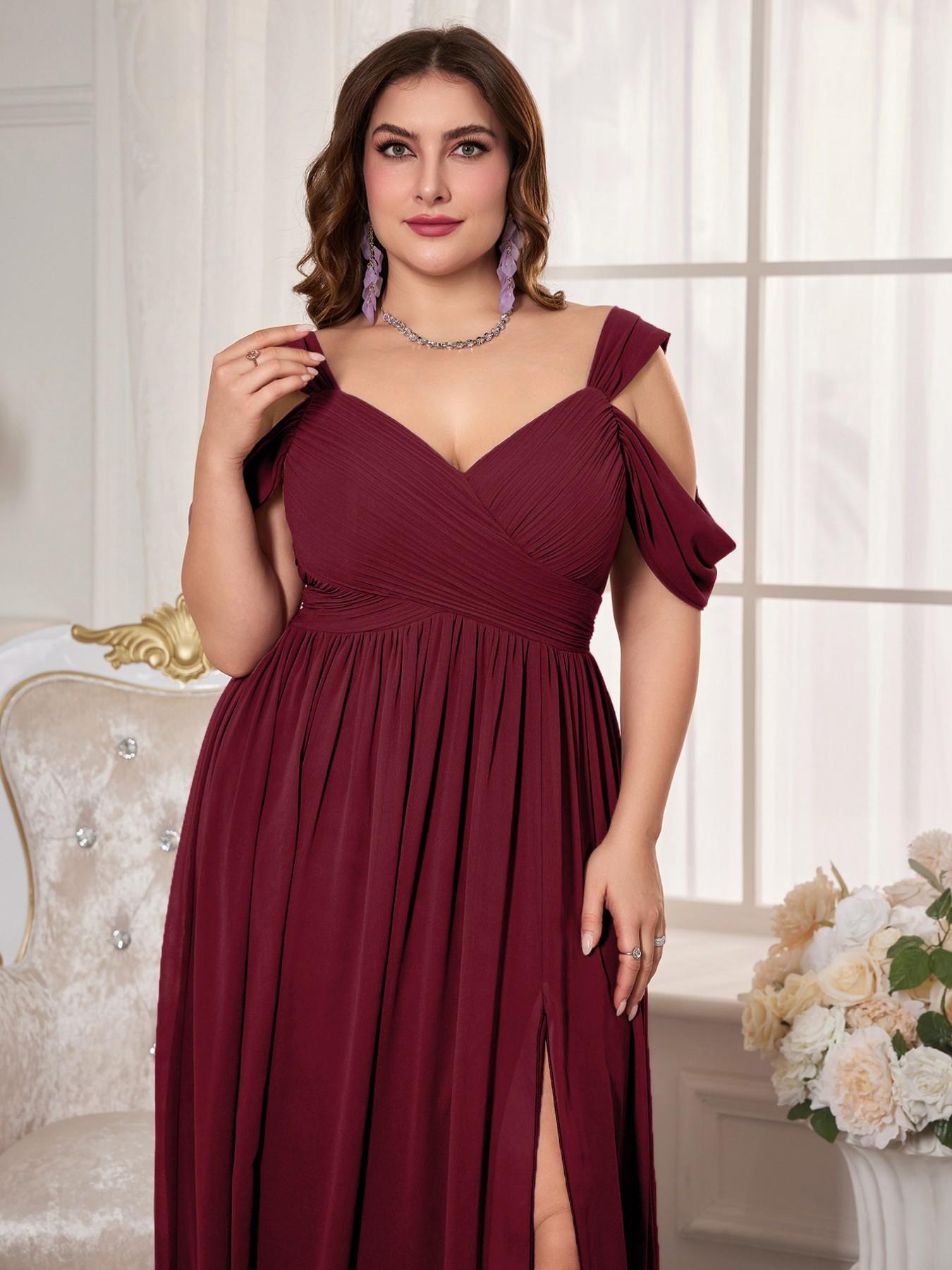 Plus Size Women's V-Neck Backless Waist Cinch Pleated High Split Skirt Maxi Dress, Elegant Chic Lightweight Chiffon Bridesmaid Party Formal Evening Gown, Pleated Dresses