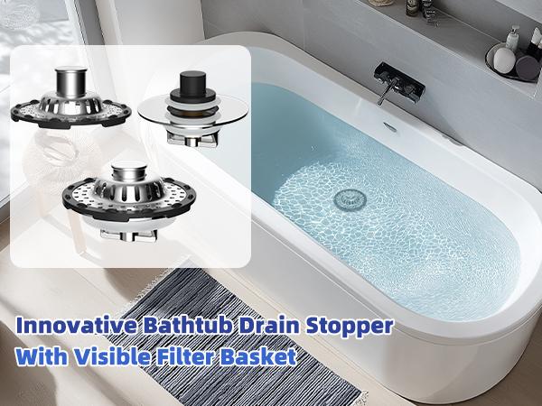 Anylock Universal Bathtub Drain Stopper Shower Drain Hair Catcher, Tub Stopper with Visible Top Strainer, Upgraded 3 in 1 Pop-up Drain Plug Fit for 1.5 to 2.4" Hole, Stainless Steel Filter Basket, Chrome