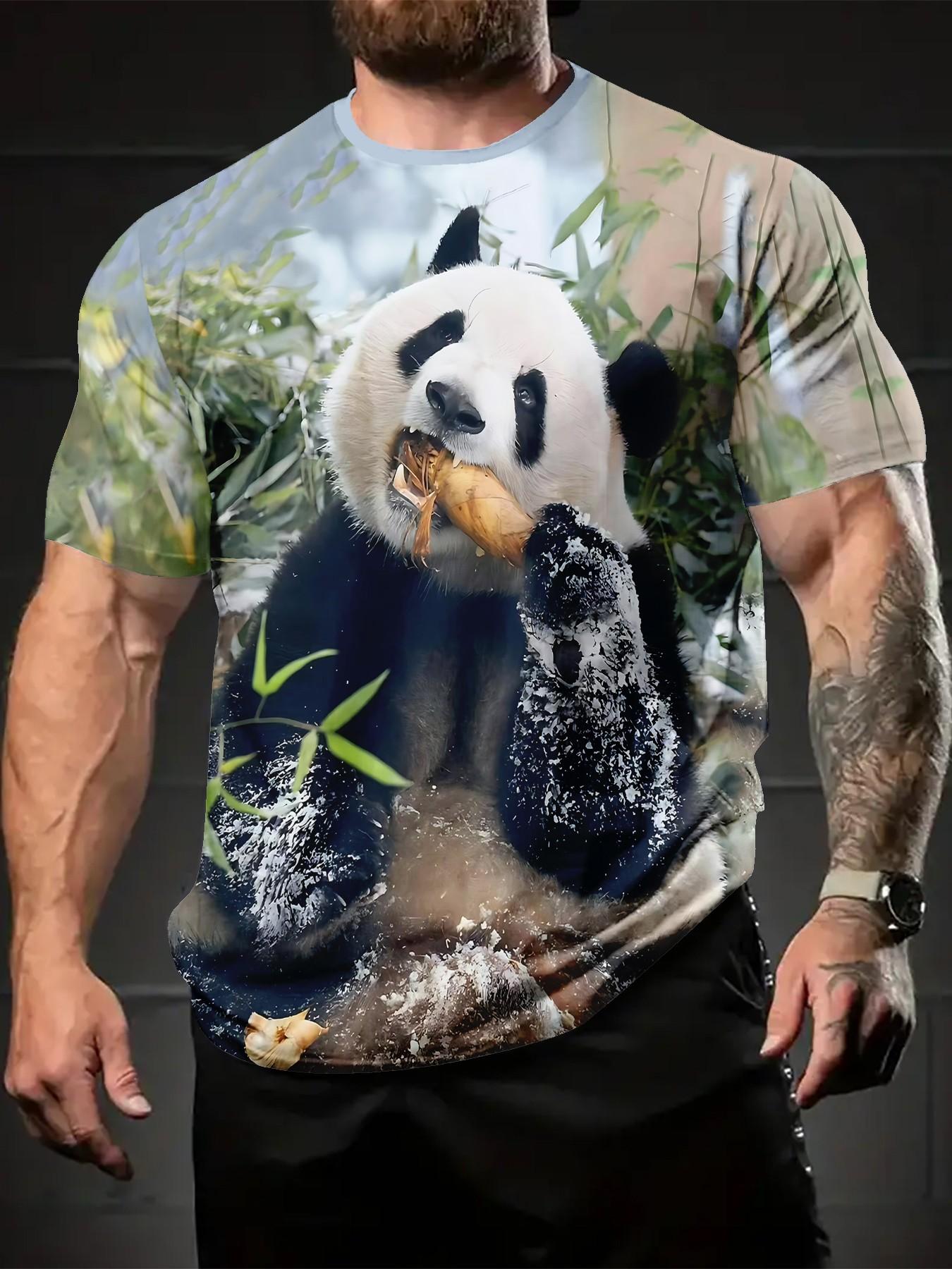 Men's Trendy Print T-Shirt, Casual Short Sleeve, Comfortable Fabric, Panda Eating Bamboo Design, Perfect for Daily Wear, All Seasons