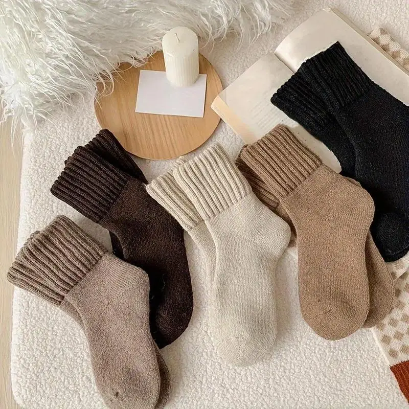 Women’s 5-Pack Ultra-Thick Ankle Thermal Socks, Viral Cold Weather Footwear, Terry Cloth Cushioned with Ribbed Cuff, Mix Neutral Tones, Basic Casual Style, Cozy Warm Socks for Indoor Lounging & Light Outdoor Errands