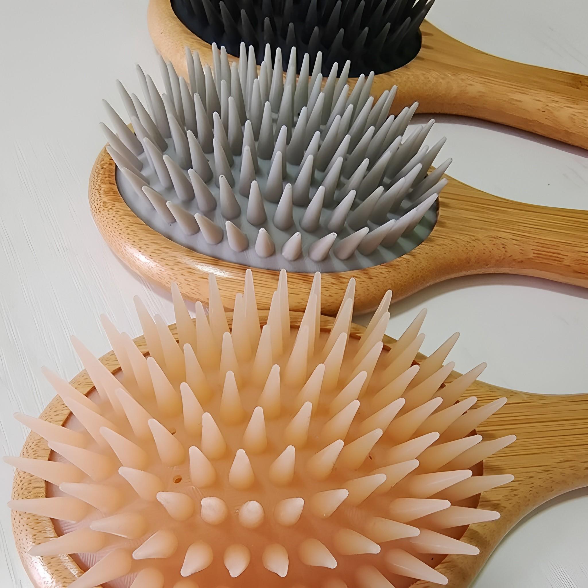 Silicone Massage Comb Bamboo Handle Scalp Massager Brush, Relaxing Meridian Stimulation, Hair Care Tool for Stress Relief