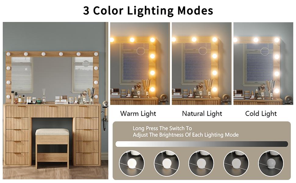 FUSOU 47“W Fluted Vanity Desk, 11 Drawers Makeup Vanity with Power Outlet & Lighted Mirror, 3 Lighting Modes Adjustable, Vanity Set with Glass Top, Vanity Table with Chair for Bedroom, Dressing Room, Natural