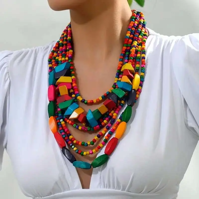 Women's Vintage Bohemian Elegant Ethnic Multi-layer Colorful Wood Grain Necklace, Hand-beaded with Different Tones and Textures Wooden Beads, Casual Party Costume Jewelry