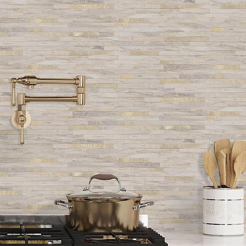 STICKGOO 20 Sheets Peel and Stick Backsplash Tile, Stick on Backsplash for Kitchen and Bathroom, Sunny Beige Look PVC Mixed Metal Gold Self Adhesive Wall Tiles Home Modern