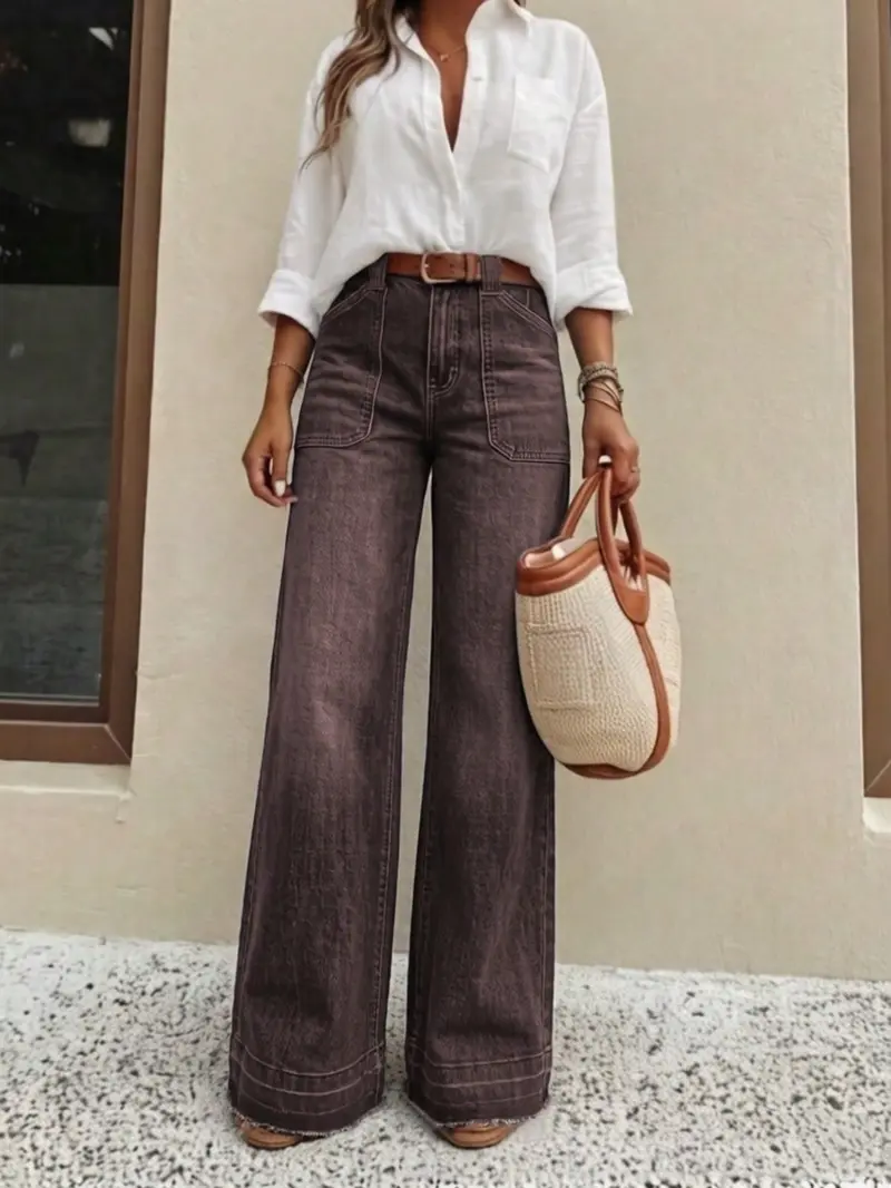 Women's Elastic Jeans, Vintage Washed Wide Leg, High Waist Slimming, Casual Daily Wear, No Belt Included, Loose-Fitting, All Seasons