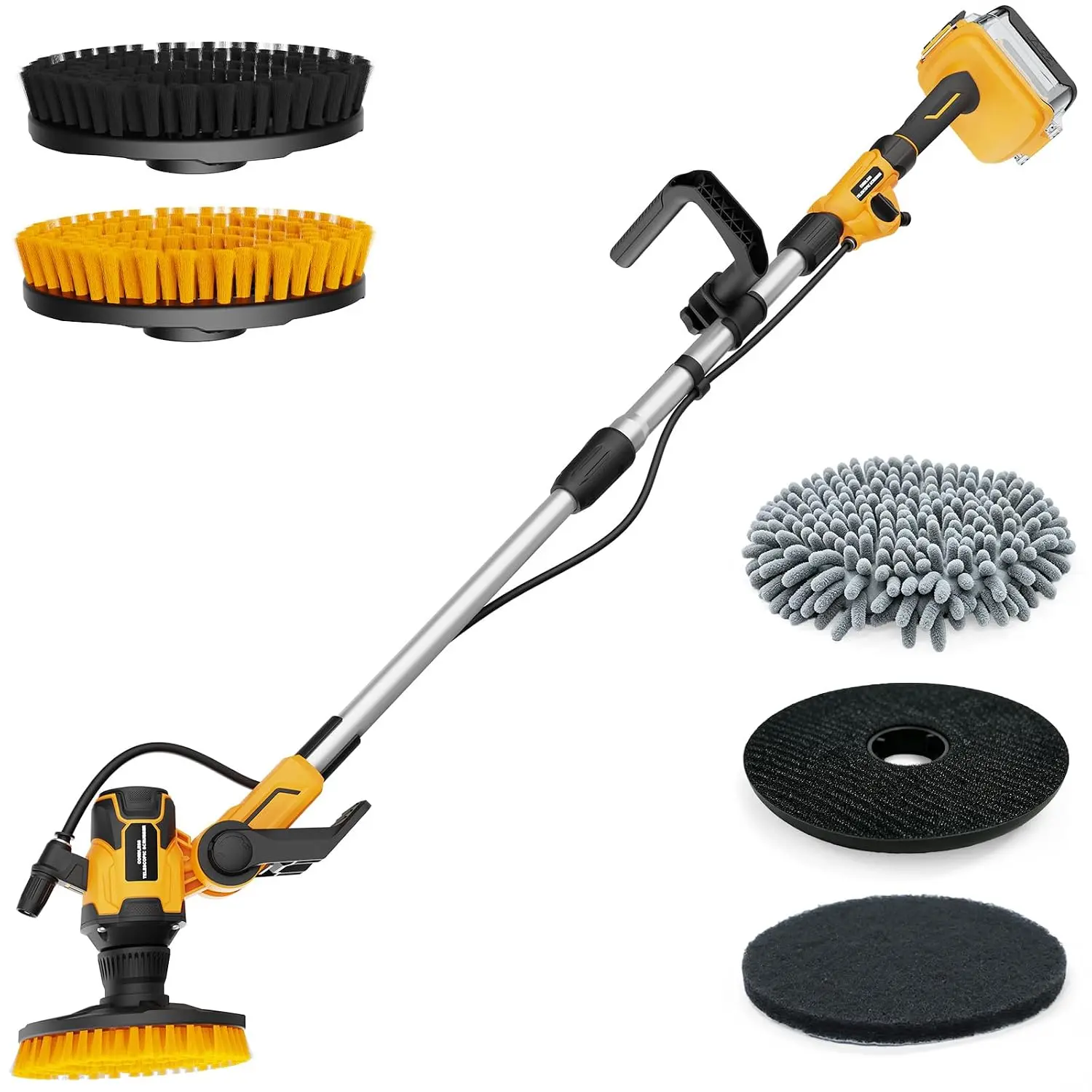 Cordless Electric Power Scrubber, Water-Fed Telescopic Cleaning Brush, Brushless Motor, IPX7 Waterproof, 8-Angle Adjustable Head, 45–59" Extendable Pole, Tool Only for Patio & Deck Cleaning