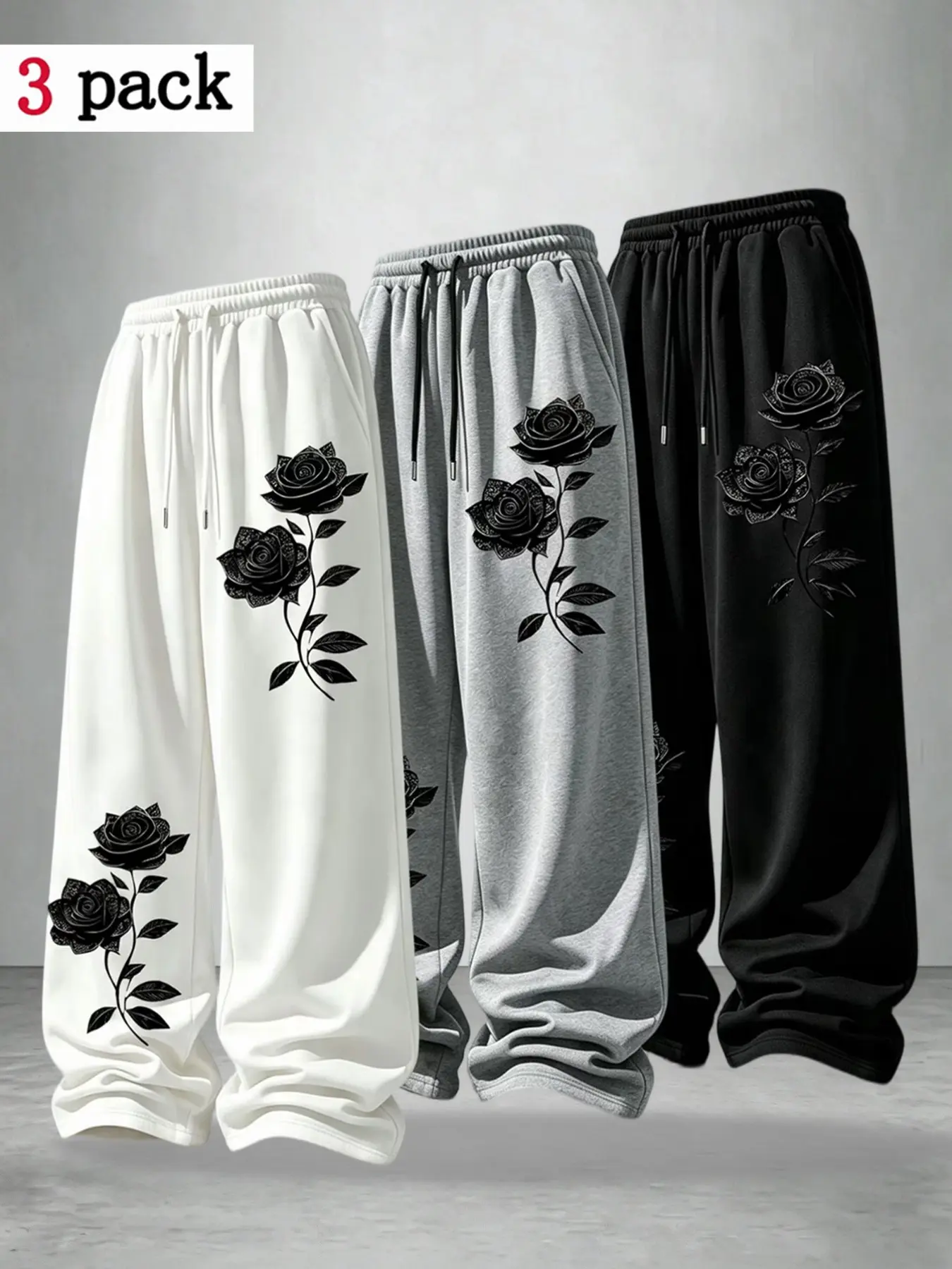 【Black Friday】Men's Loose Rose Print Drawstring Sports Pants, Adjustable Waist, Outdoor Versatile Long Pants, Straight Leg Casual Pants