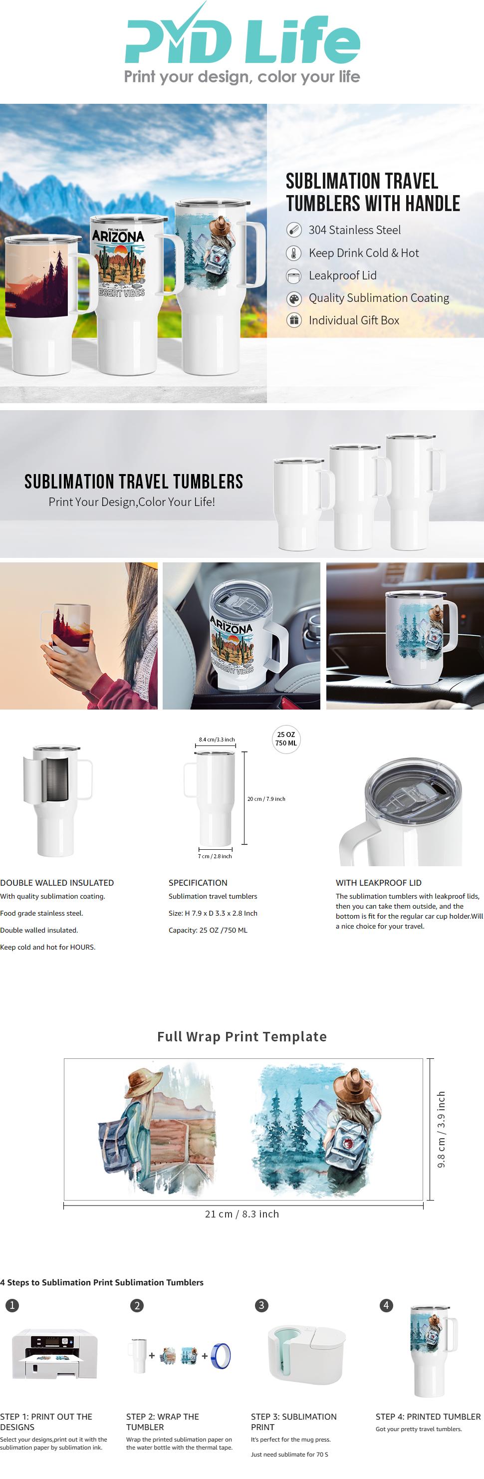 25 OZ Sublimation Travel Tumblers White With Handle and Leakproof Slide Lid 4Pack