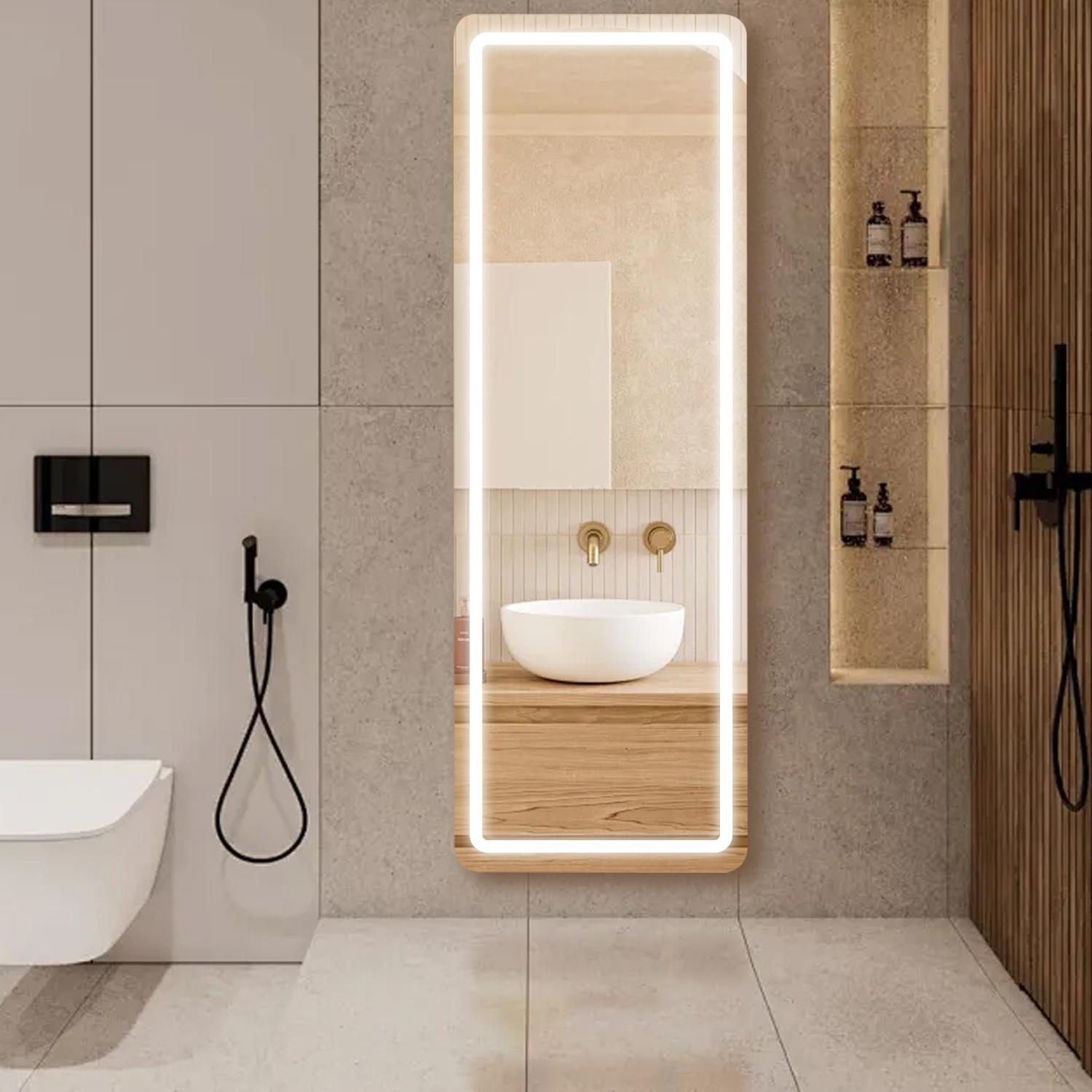 Full Length LED Vanity Mirror with Stand, Dimmable 3 Color Lighting, Wall Mount or Floor Use Aluminum Alloy Frame Durable Glass Mirror with Switch for Bedroom Living Room Decor Standing