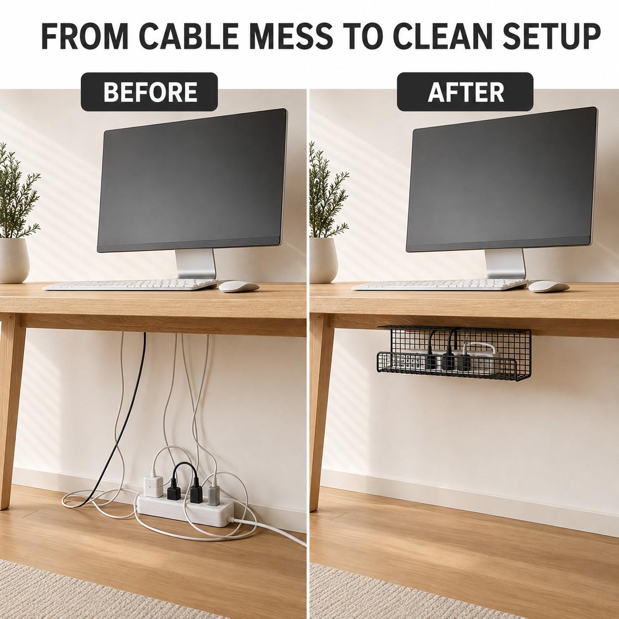 Wall-Mounted Desktop Cable Organizer, No Drilling Installation, Power Outlet & Adapter Holder, Metal, Home Office, Gaming Desk