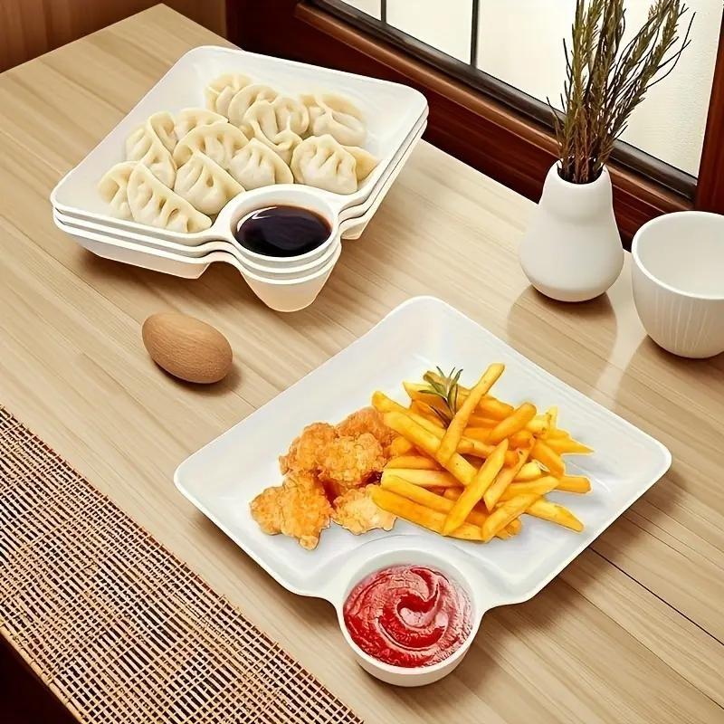 4 Plastic Dumpling Plates with Sauce Compartment, Serving Plate, Salad Plate, Snack Plate, Sushi Plate, Appetizer Plate, Tortilla Dip Plate, Party Plate, Picnic Plate Set, Plastic Food Plates, Dinnerware