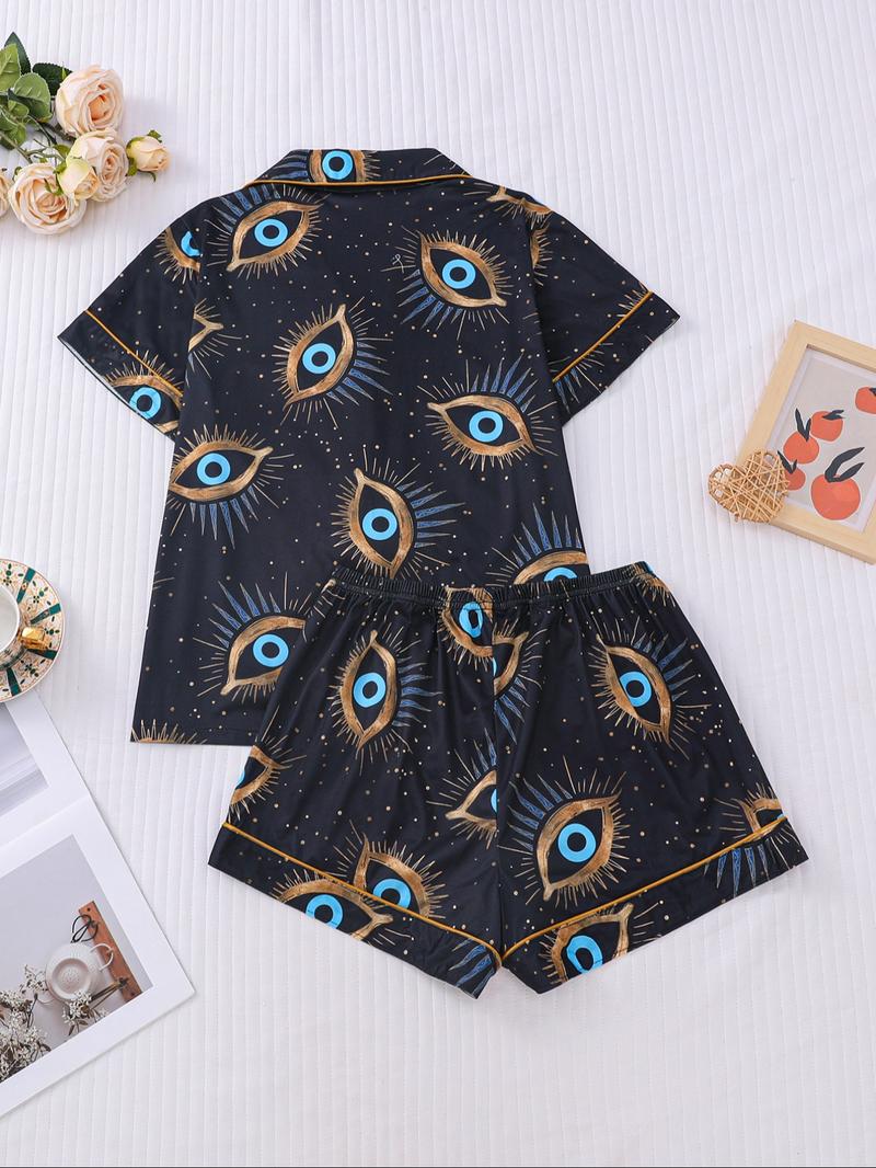 Two-piece Set Women's All Over Print Shirt & Elastic Waist Shorts Pajama, Casual Comfy Top & Shorts Pj Set, Ladies Sleepwear for All Seasons, Loungewear Set Women