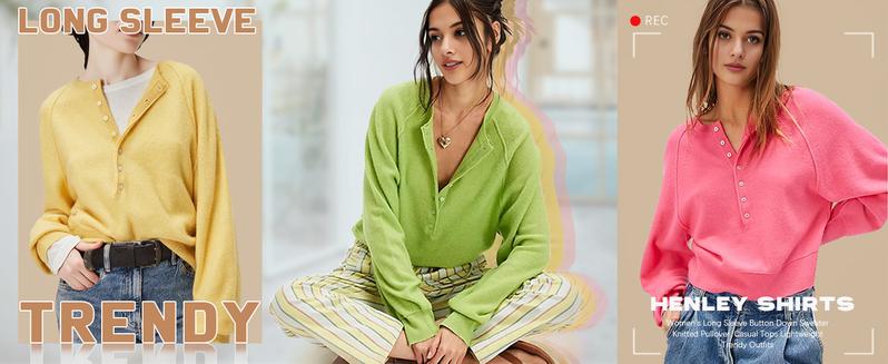 UANEO Womens Long Sleeve Kinitting Sweater Tops Half Button Sweaters Henley Neckline Casual Lightweight Solid Pullover Knitting