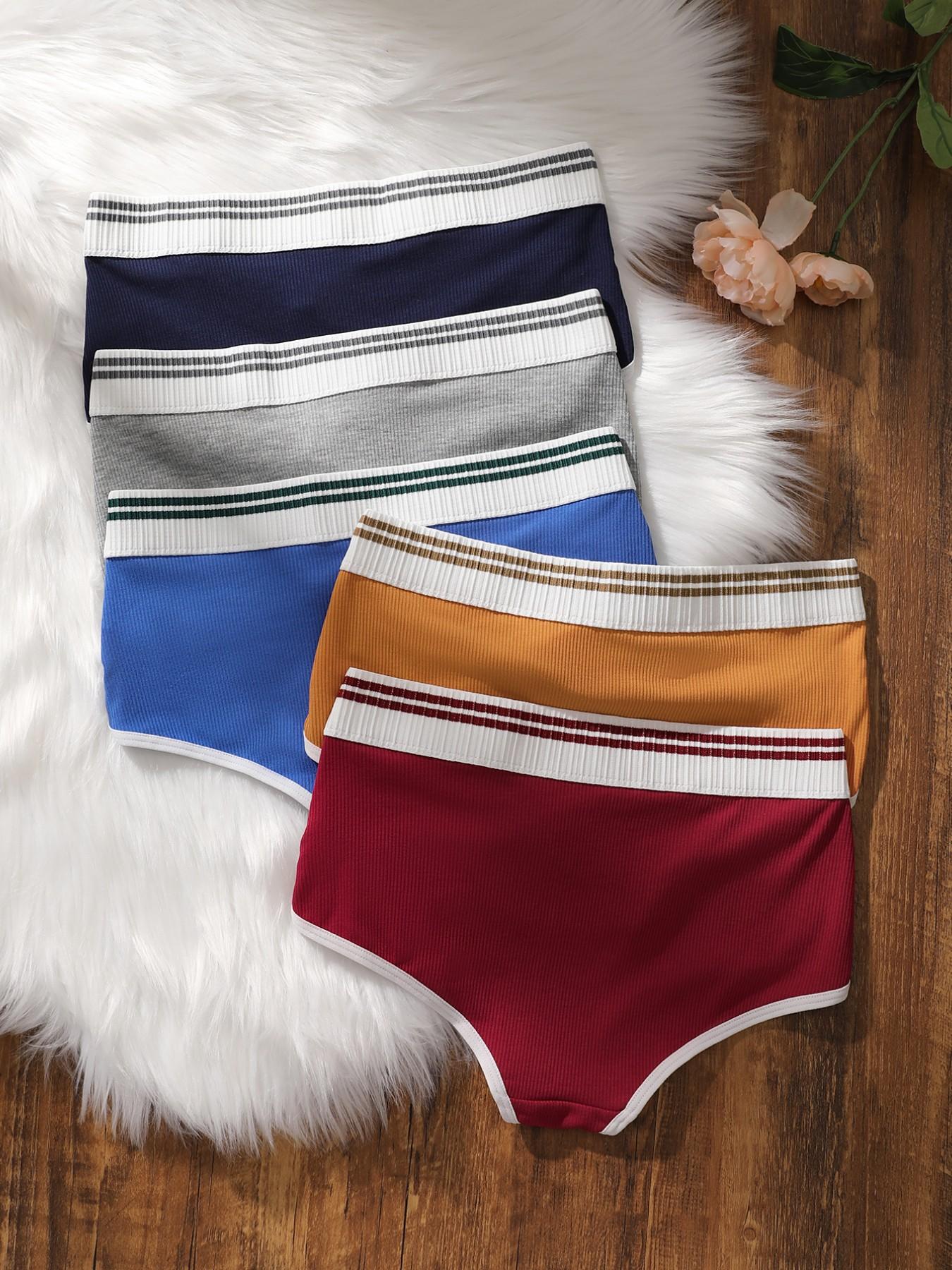 Women's Striped Underwear Set, Wide Waistband Sport Style, Multi-Color Comfortable Breathable, Elastic Fit, Suitable for All Seasons