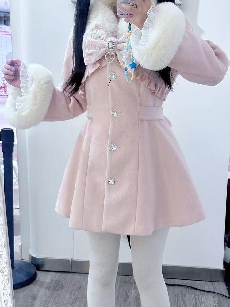 Winter Design Fashion Elegant Pink Slim Woolen Cloth Coat Women Kawaii Sweet Warm Fur Collar Bow Lace Patchwork Casual Overcoat