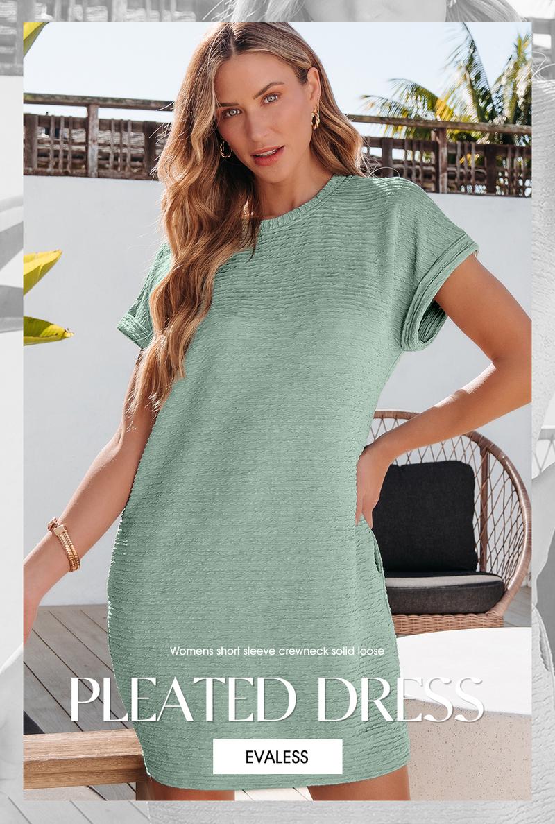 EVALESS Women's Casual Loose Mini Dress 2026 Crewneck Lightweight Batwing Shortsleeve Stretchy Slim Comfortable Summer Outfits for Beach & Everyday Wear